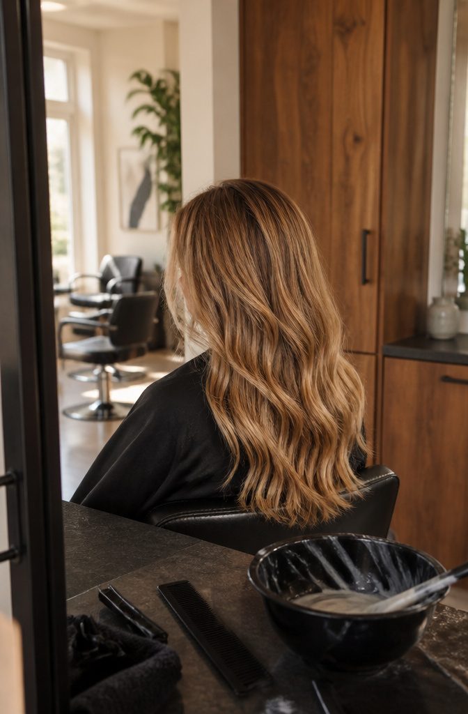 Caramel blonde hair with dark roots golden lengths and pale highlights