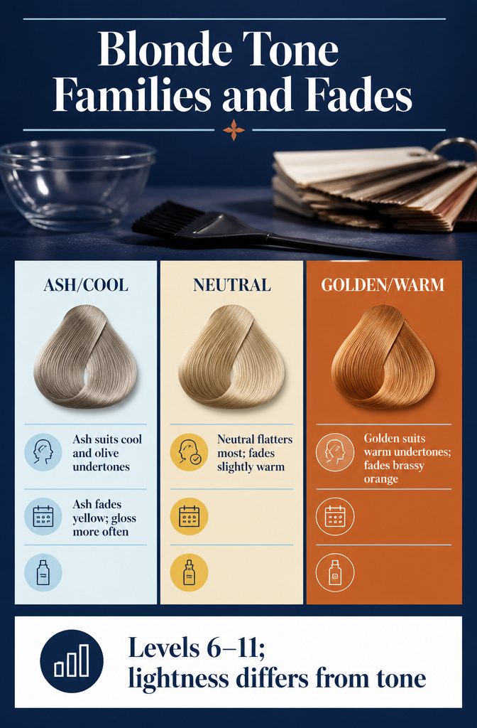 Blonde tone families chart showing cool neutral and warm shade groups
