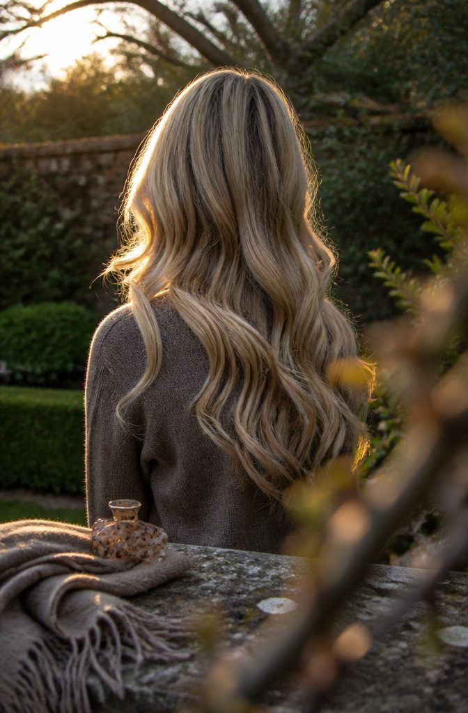 Dimensional blonde waves with gold beige and near-white strands