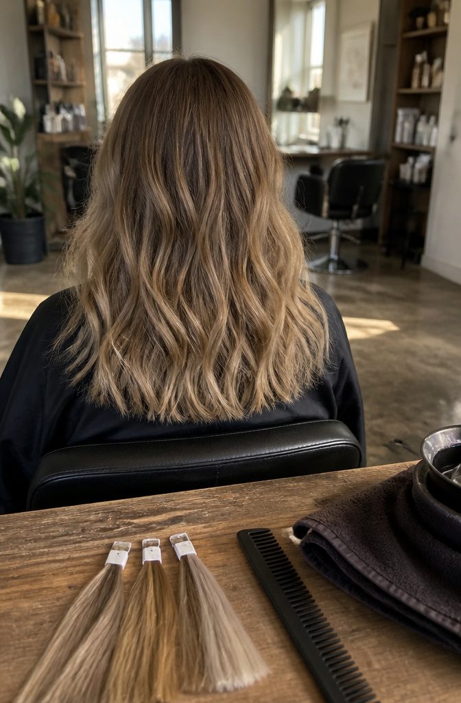 Dark blonde hair with beige balayage and subtle wheat strands