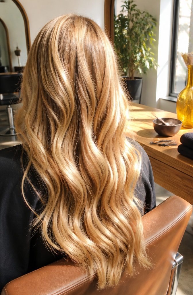 Golden blonde hair with butter honey and warm gold tones