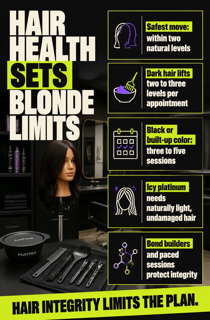 Hair health guide showing blonde lightening limits and color history factors