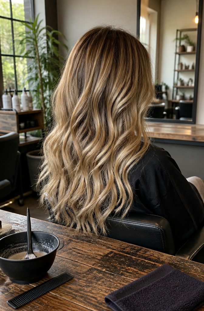 Honey blonde hair with dark roots brown lowlights and golden strands