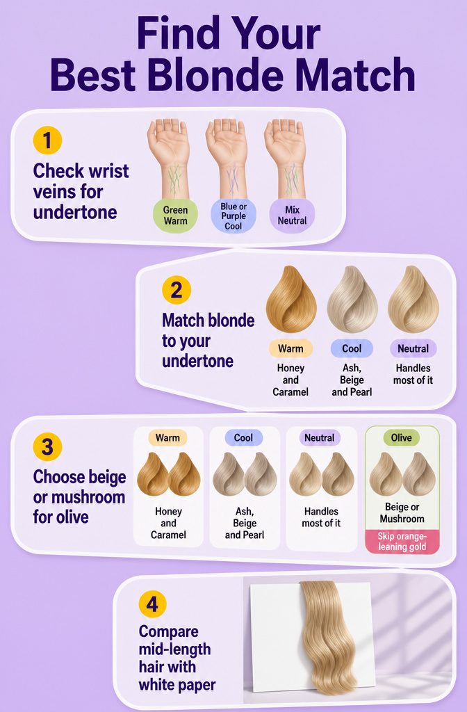Blonde shade guide matching hair tones with different skin undertones