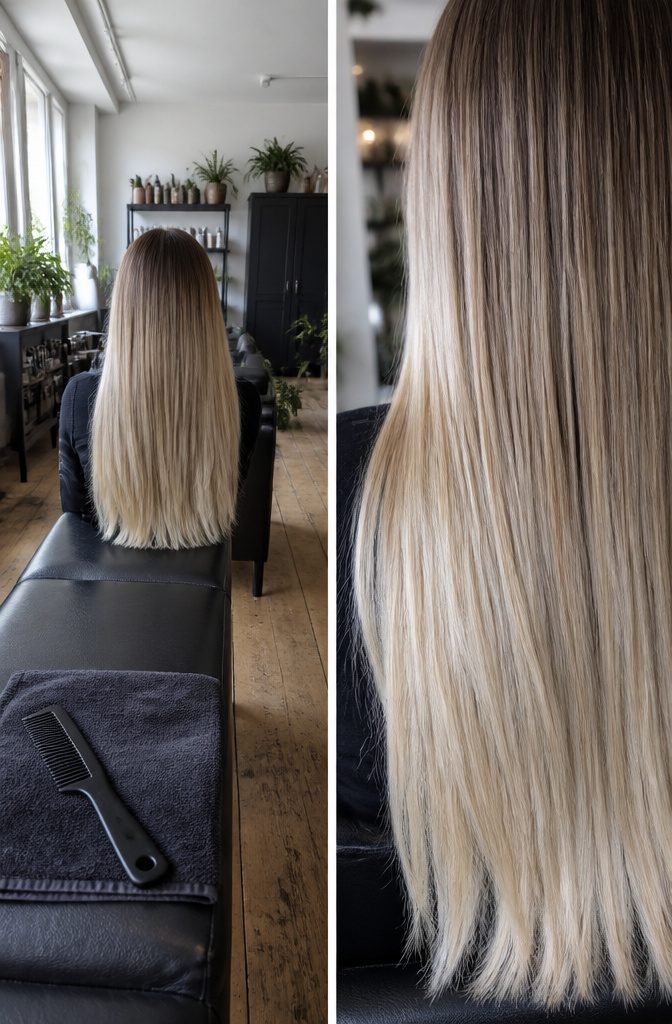 Ombré blonde hair fading from dark roots to pale wheat ends