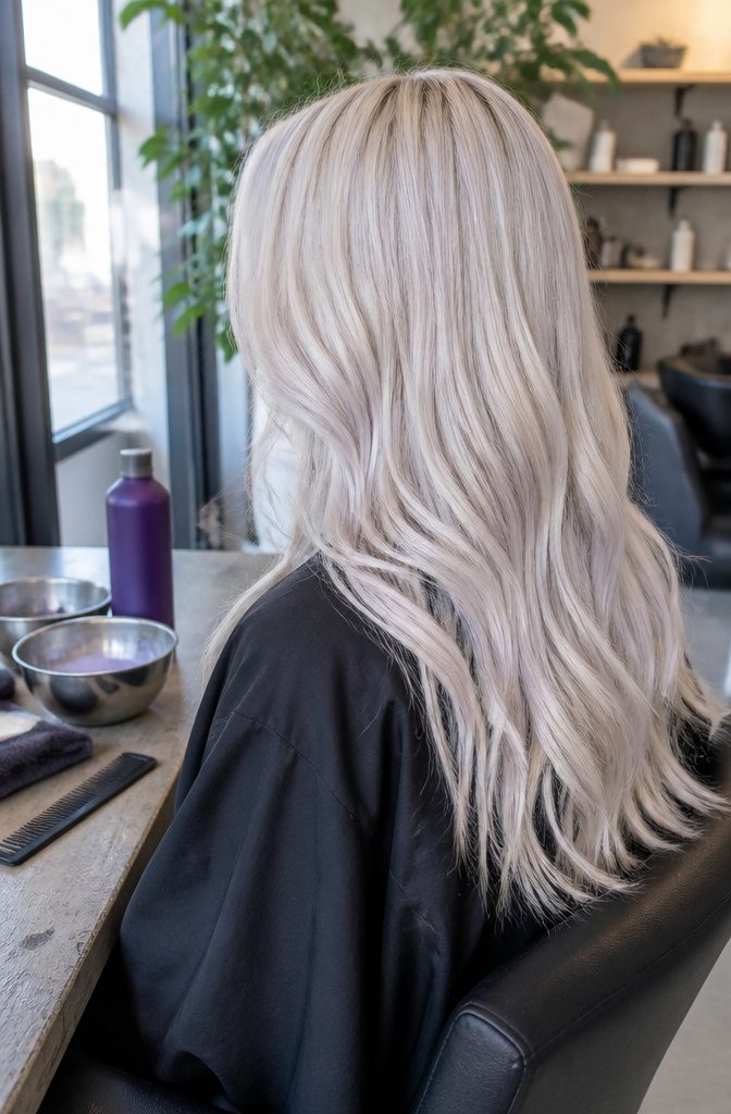 Platinum blonde hair with icy silver tones and soft texture