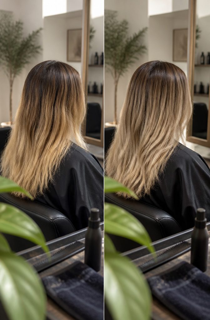 Rooted blonde hair with shadowed roots and blended lighter lengths