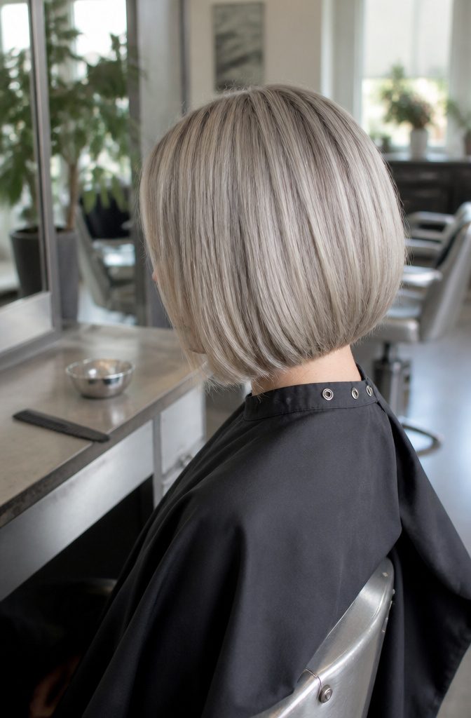 Silver blonde bob with gray pigment and darker blonde sections