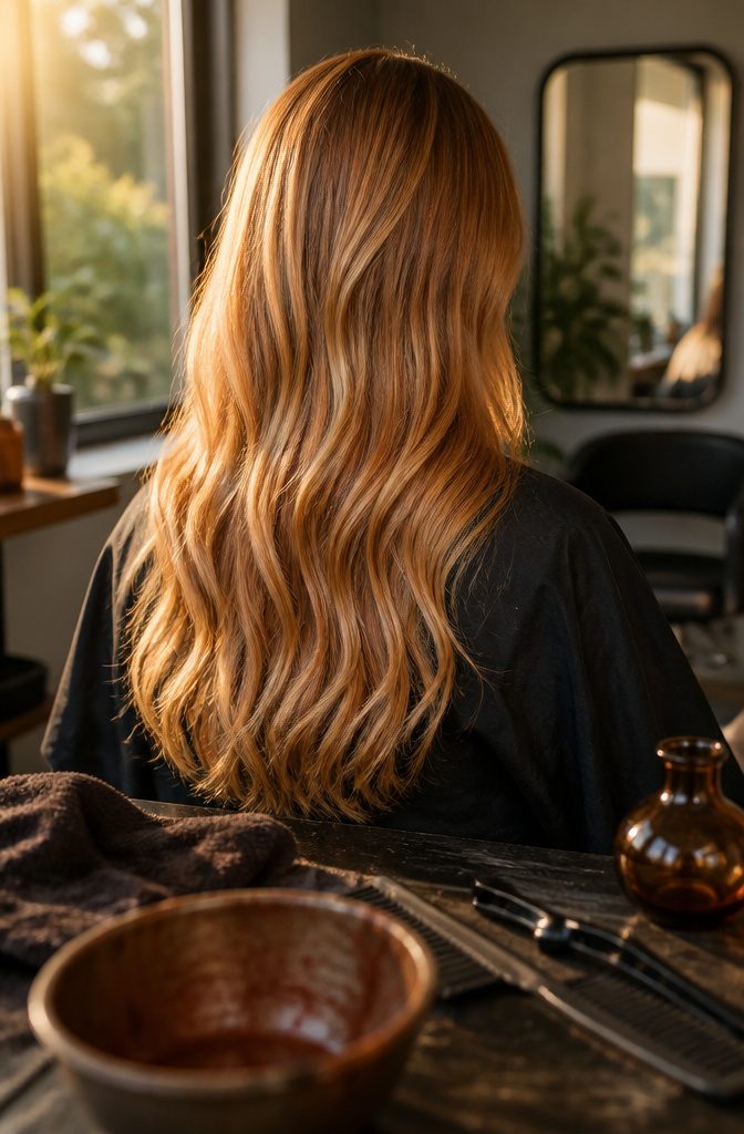 Strawberry blonde hair with copper highlights over a neutral dark base