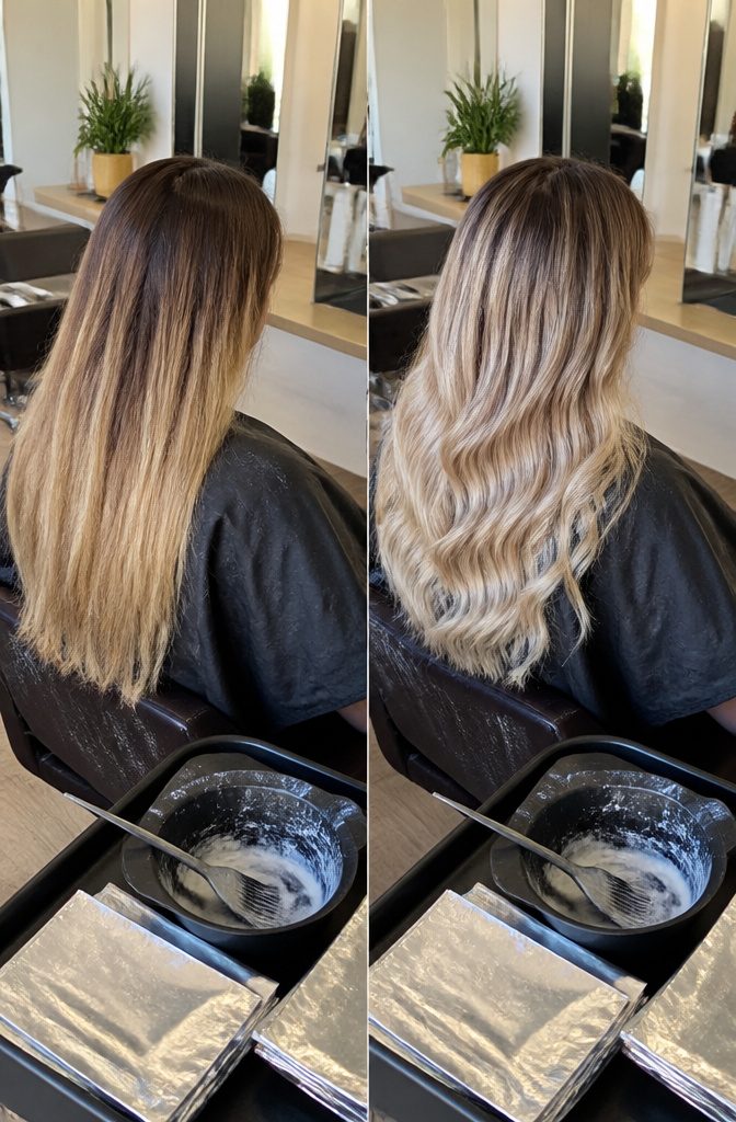 Dark hair with hand-painted blonde pieces and lighter ends