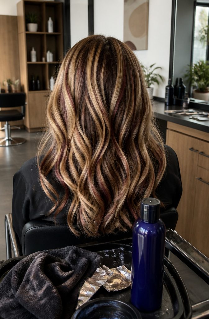 Dark hair with cherry and chestnut blonde highlights and lighter ribbons