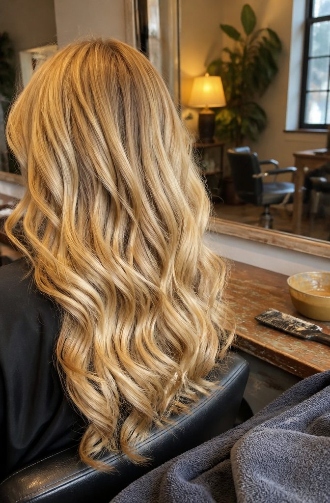 Blonde curls with creamy honey tones and lighter highlights