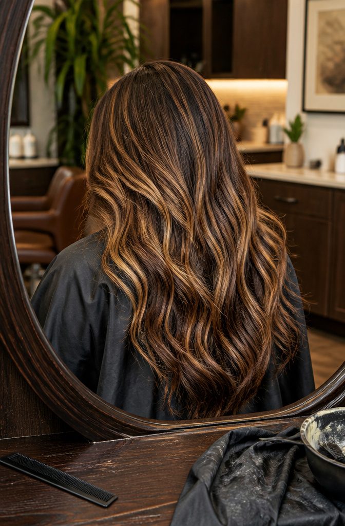 Dark brown hair with fine golden blonde highlights