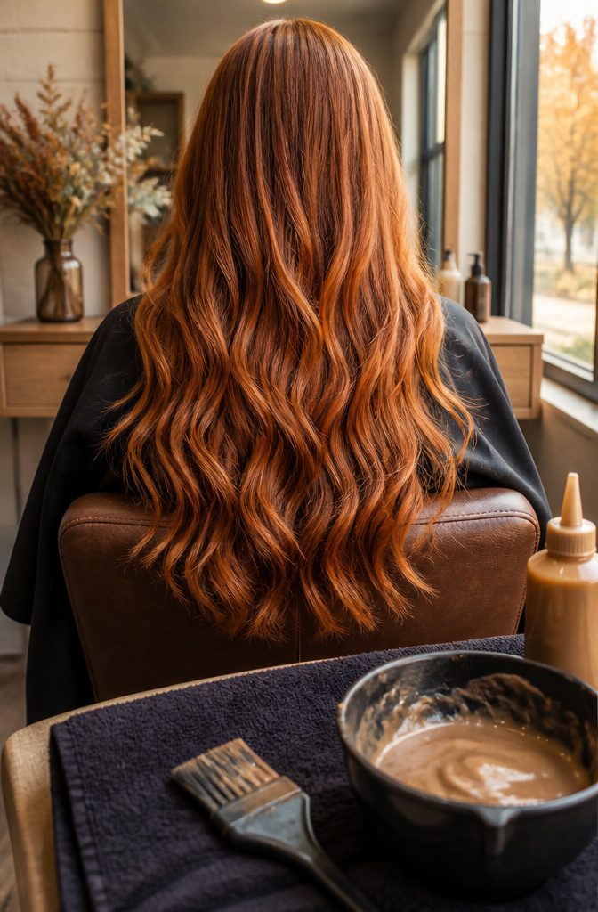 Copper blonde hair with warm auburn and cinnamon tones