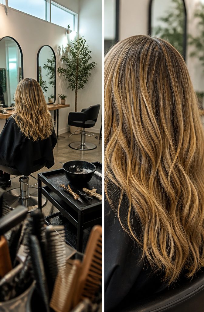 Blonde hair with a deeper root and mixed lighter tones through the lengths