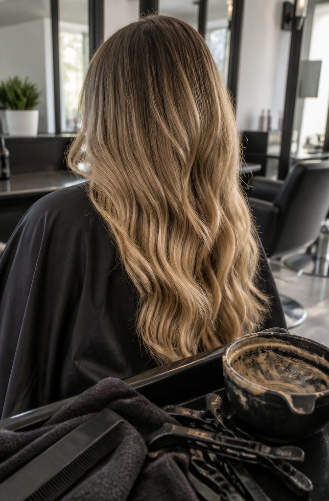 Dirty blonde hair with darker roots and wheat-toned highlights