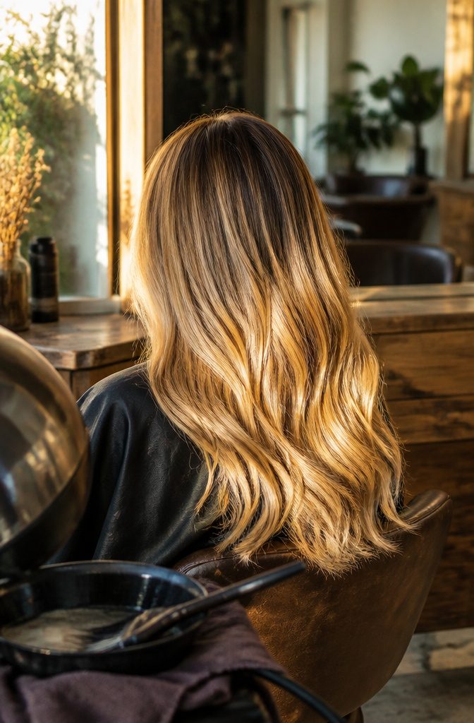 Golden blonde hair with shimmering sunlit yellow tones