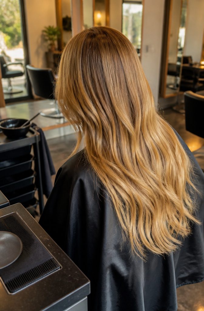 Honey blonde hair with golden highlights and darker roots