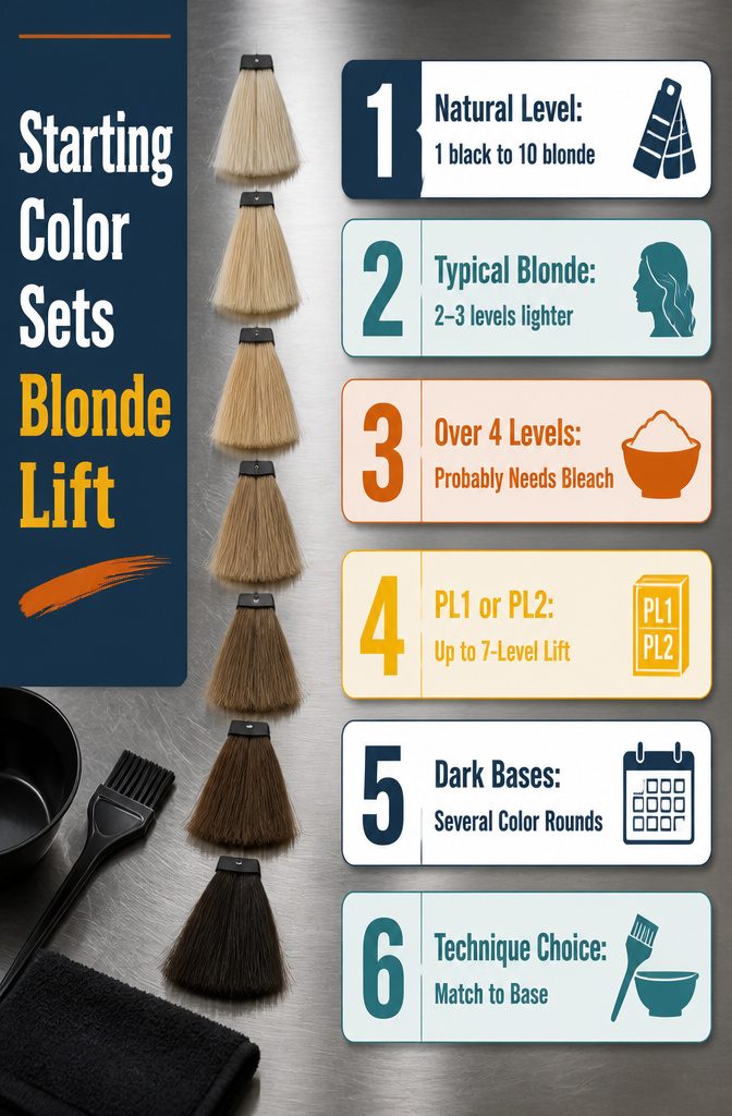 Hair color swatches arranged from black through brown to very light blonde