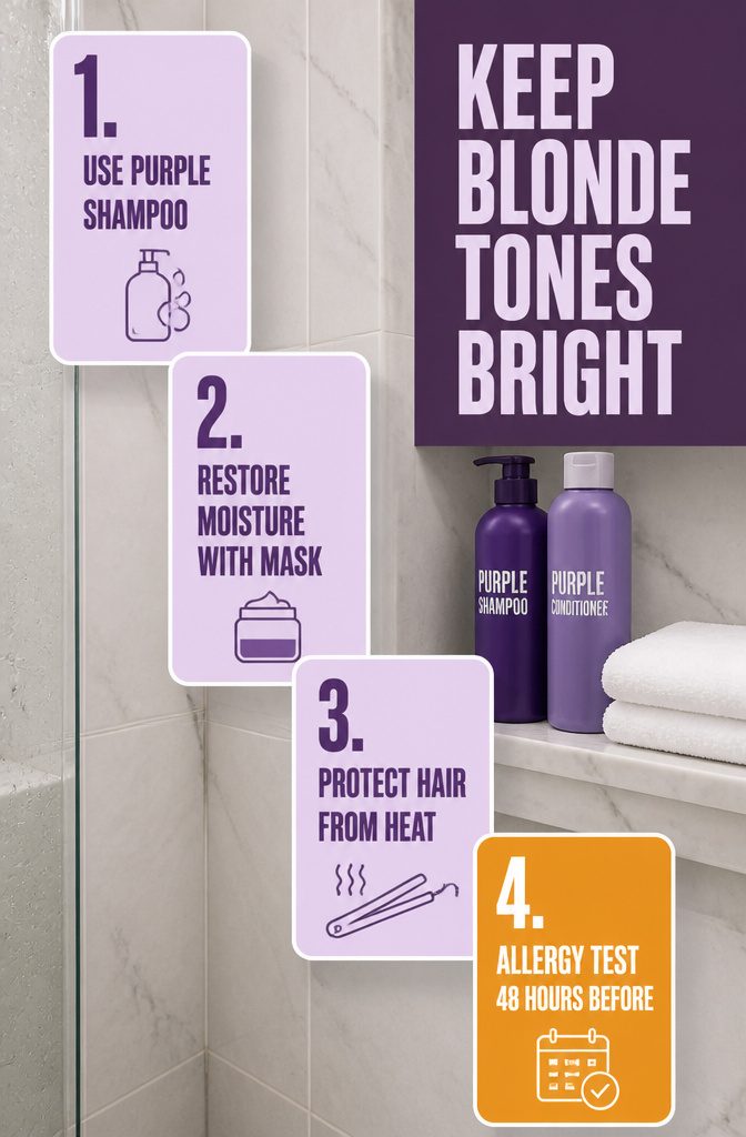 Purple shampoo and conditioner beside pale blonde hair strands