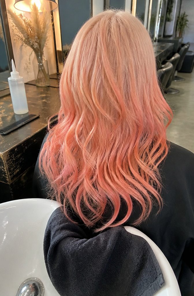 Blonde hair tinted with pastel pink peach and orange shades