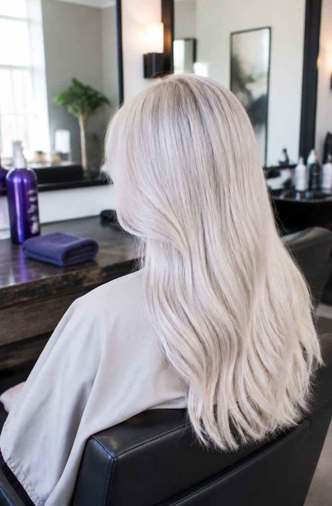 Long pale blonde hair with a frosty white and silver finish