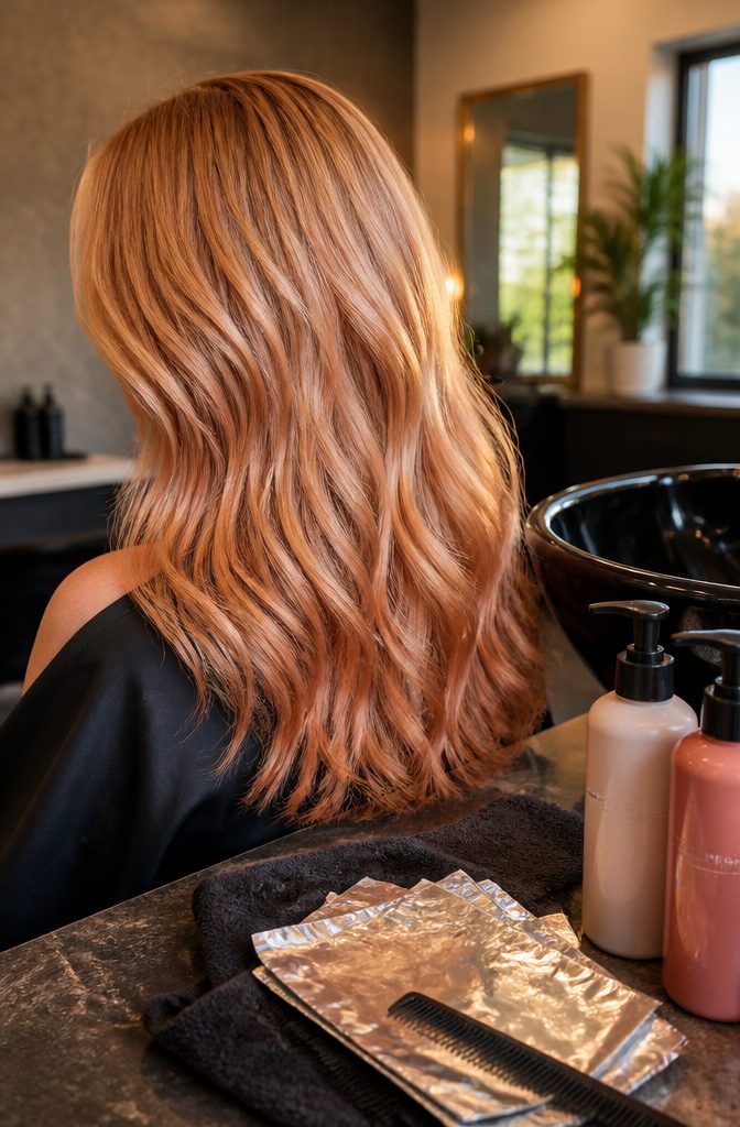 Strawberry blonde hair with soft copper and peach tones