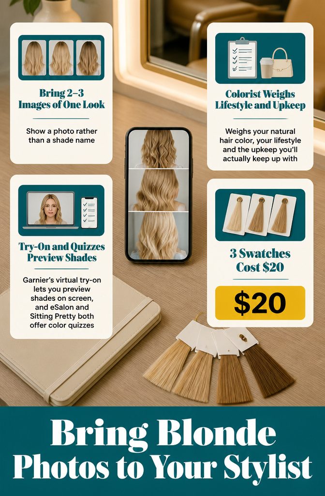 Blonde hair reference photos arranged for a stylist consultation