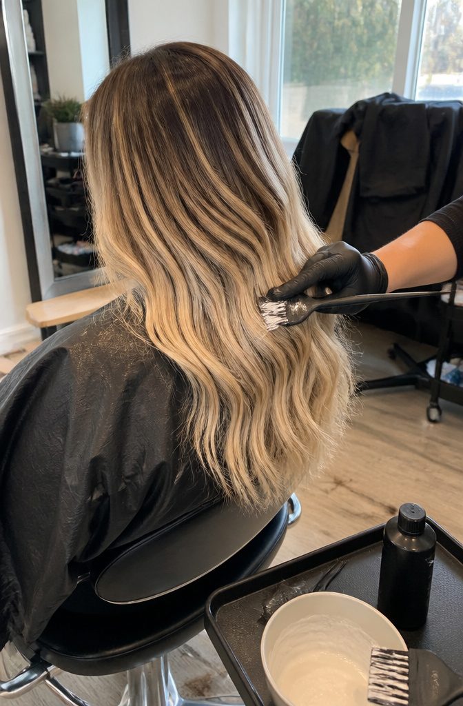 Blonde balayage highlights starting below dark roots