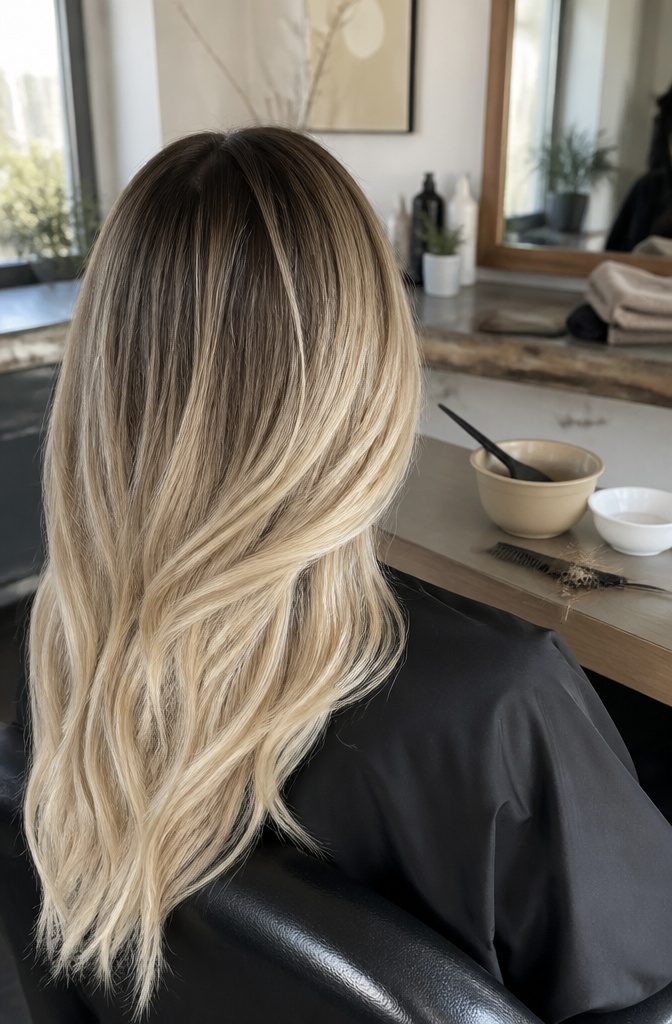 Long layered hair with brunette roots and beige champagne blonde lengths