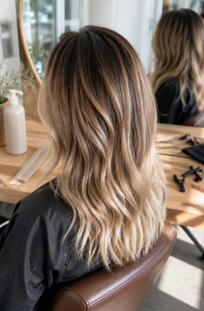 Deep brunette roots fading into light brown and blonde hair