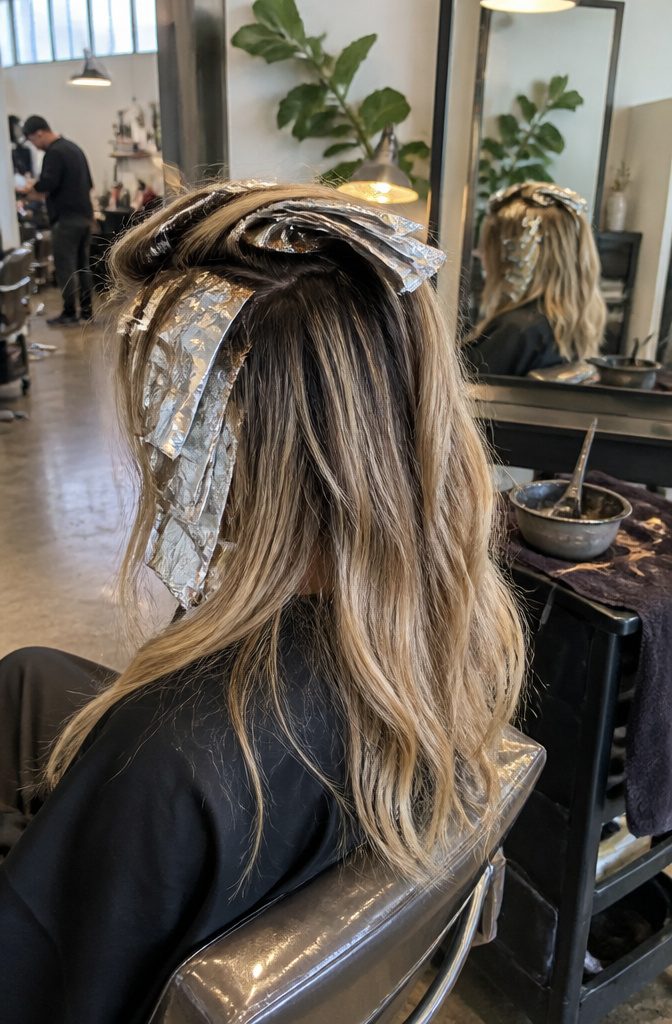 Golden blonde ends beneath almost-black roots with a soft transition