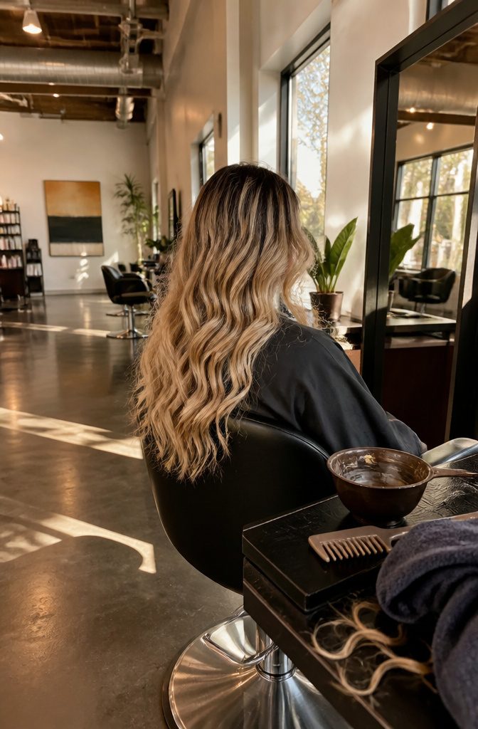 Warm honey and caramel blonde pieces against dark brunette roots