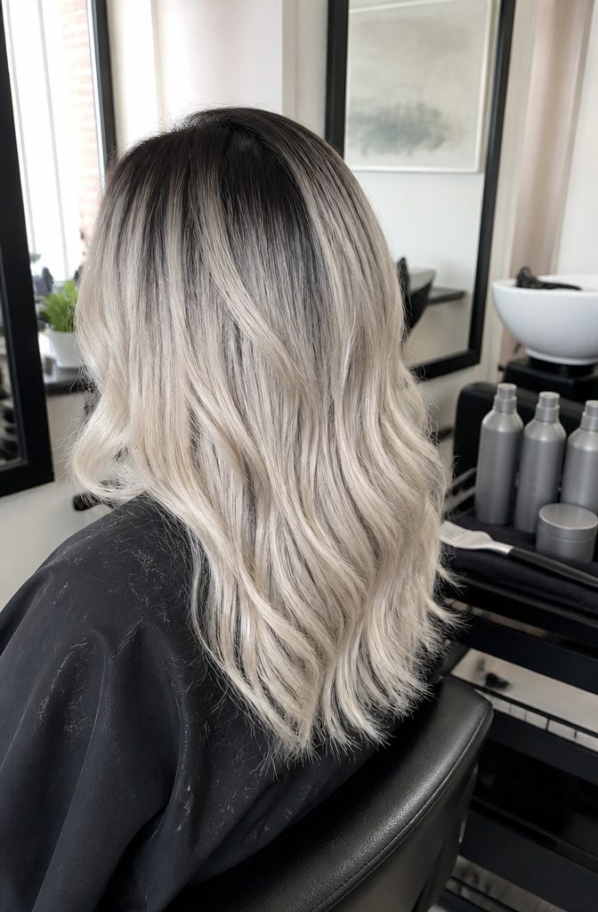 Platinum blonde hair with dark roots and a blended transition