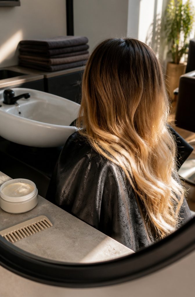 Hair with dark roots fading through warm mid-lengths to golden blonde ends