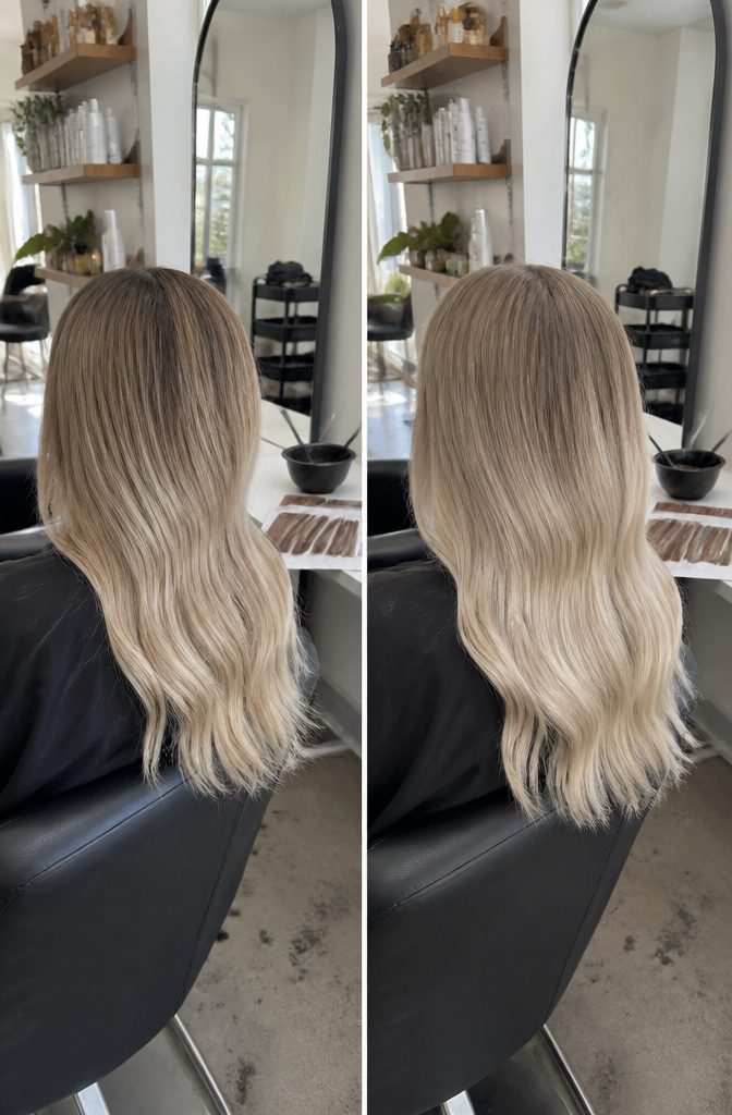 Blonde hair with darker roots blending into lighter lengths
