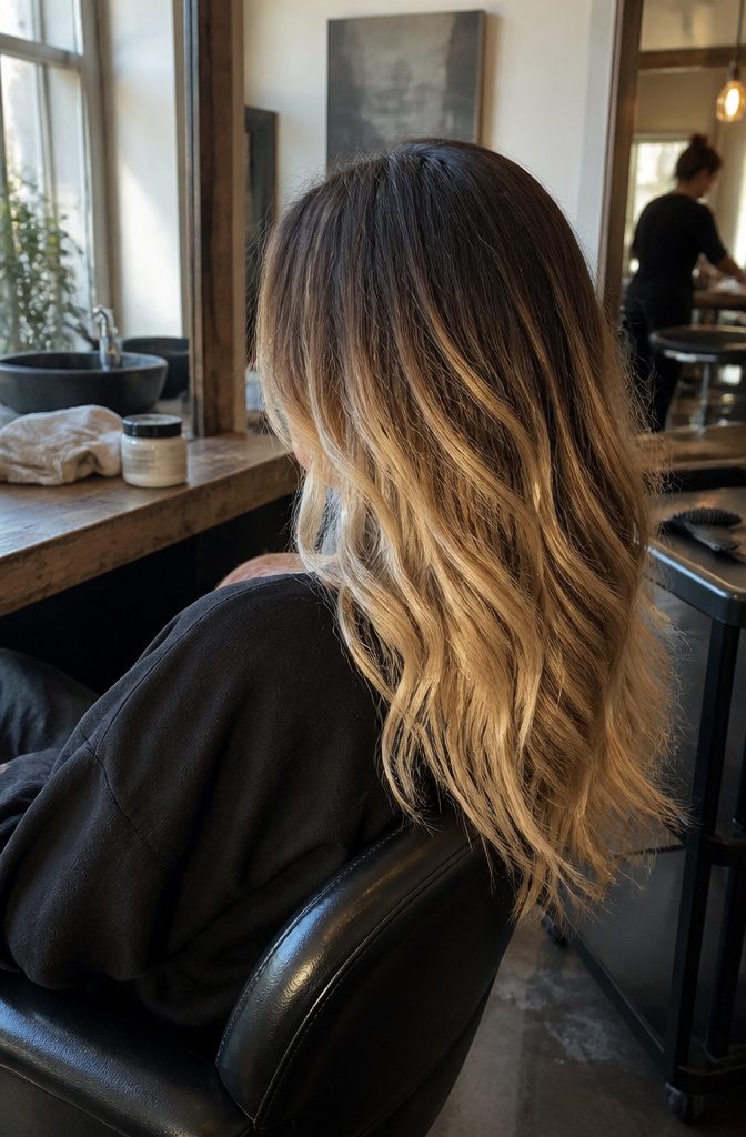 Brunette roots blending through beige and golden tones into blonde ends