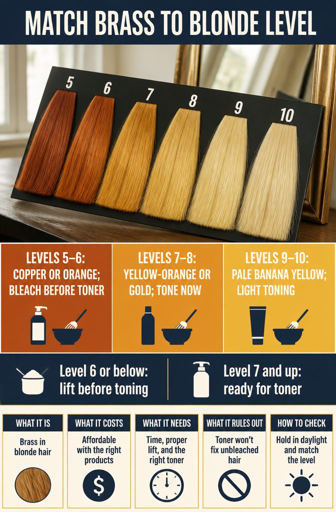 Blonde level chart matching orange and yellow tones with treatment suggestions