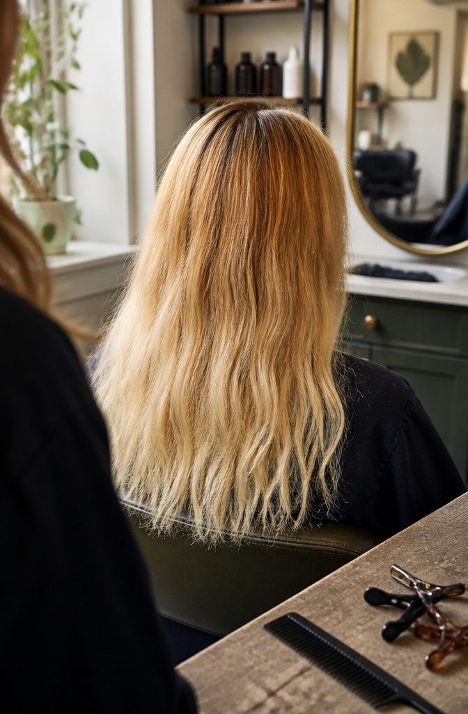 Blonde hair with pale yellow ends and a yellow-orange band near darker roots