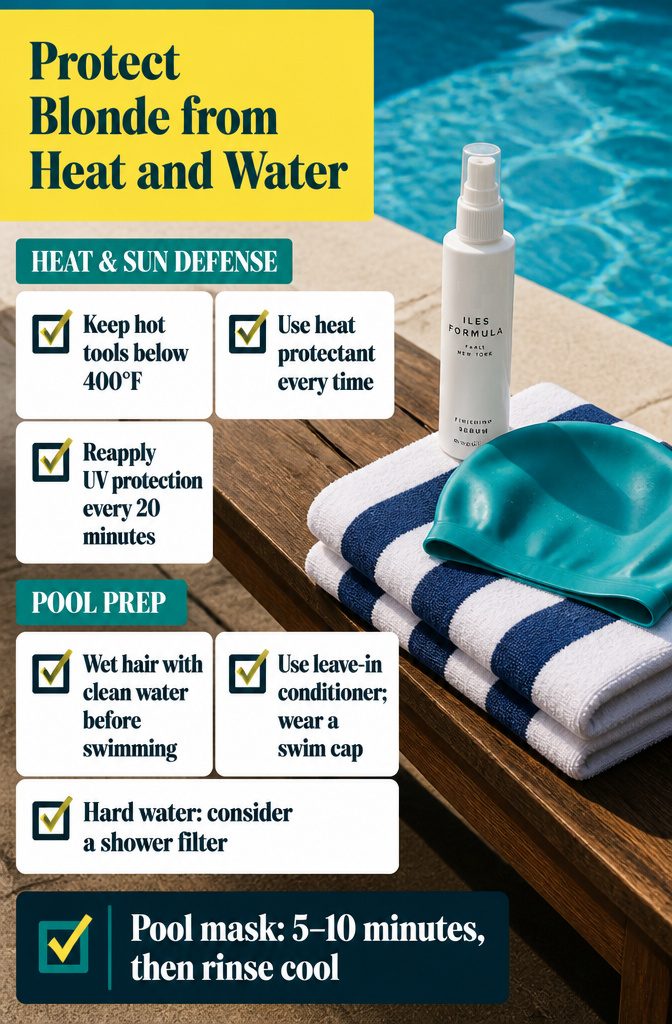 Blonde hair care guide showing heat protection and pool care steps