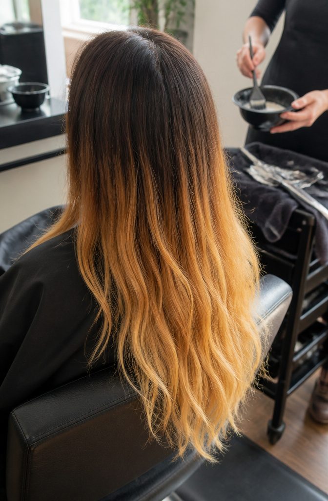 Dark hair lifted toward blonde with warm yellow tones remaining