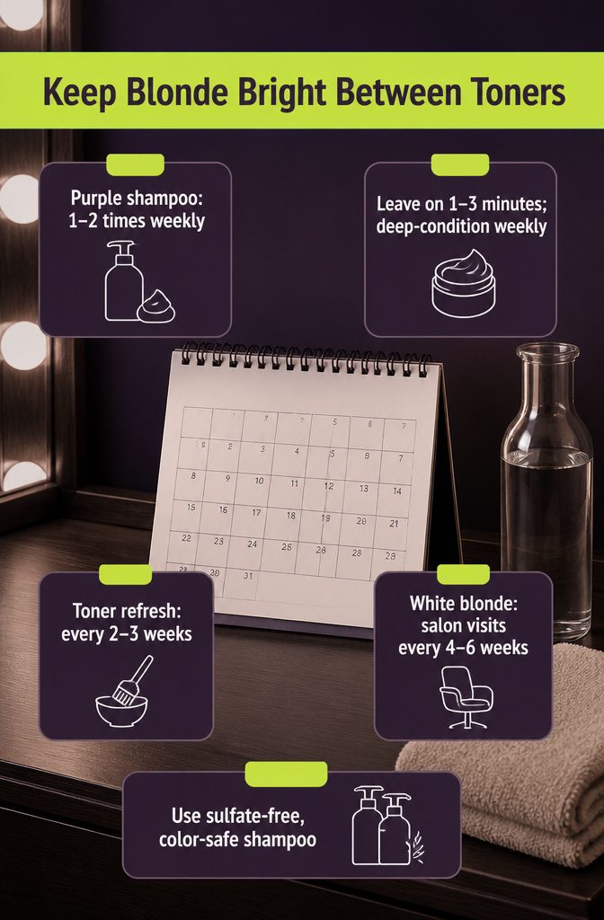 Blonde maintenance schedule listing purple shampoo toner and salon refreshes