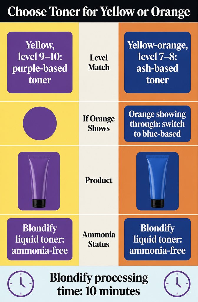Toner chart pairing purple products with yellow and blue-based products with orange