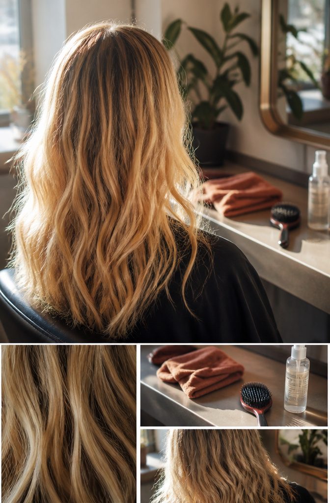 Blonde hair showing yellow tones linked to fading and buildup