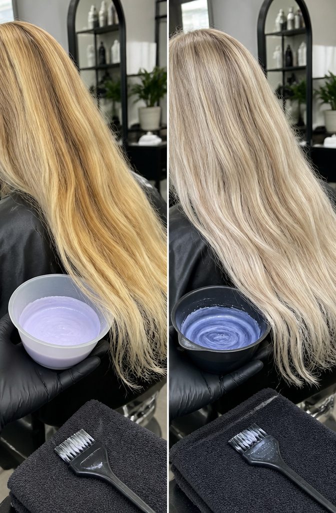 Blonde hair comparison of pale yellow and orange brass tones