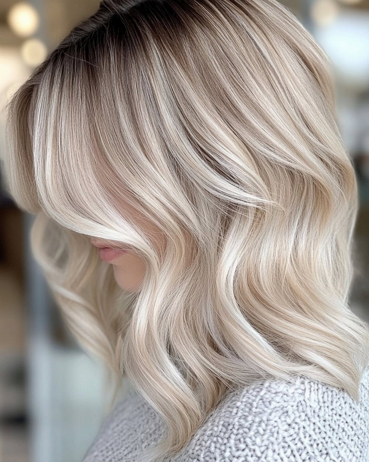 Wavy blonde balayage hair with darker roots and soft pale highlights