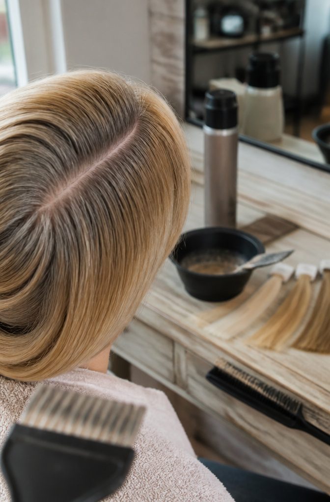 Blonde hair parted to reveal gray roots with neutral pigment and color tools