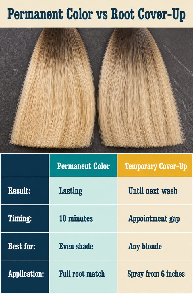 Permanent blonde color box beside temporary root spray and powder