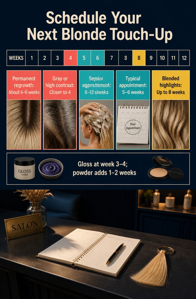 Calendar beside blonde hair products for scheduling a root touch-up