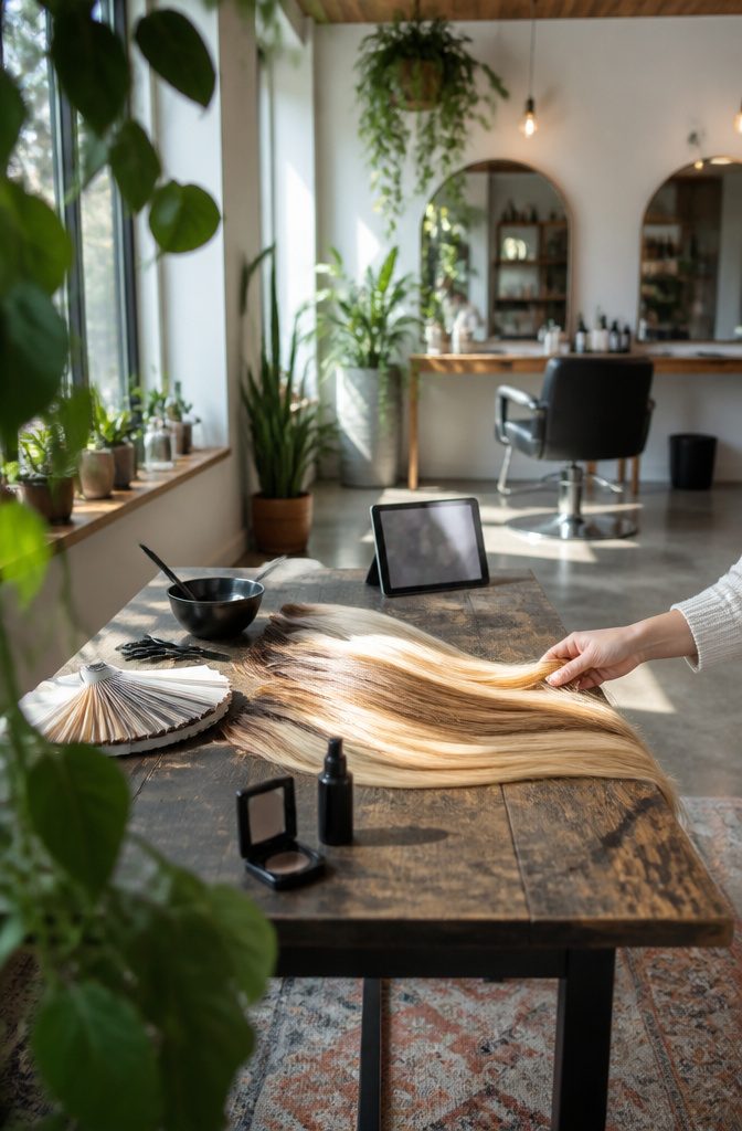 Colorist applying blonde color to regrowth with a tint brush